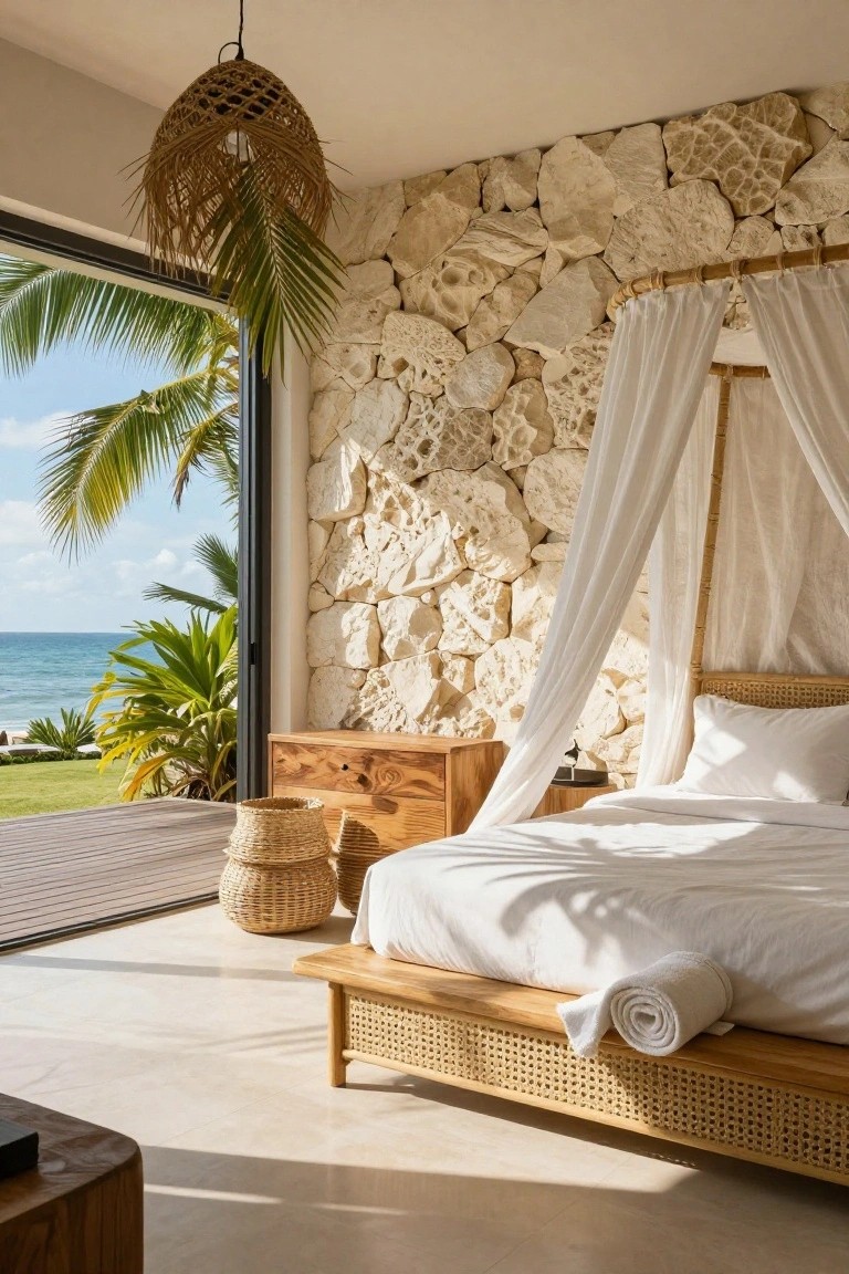 A bedroom with light beige textured stone wall, white canopy bed on rattan frame, wooden nightstand and stool, woven baskets, rolled towel on bed, sliding glass doors to wooden deck with tropical plants, palm trees, and ocean view.