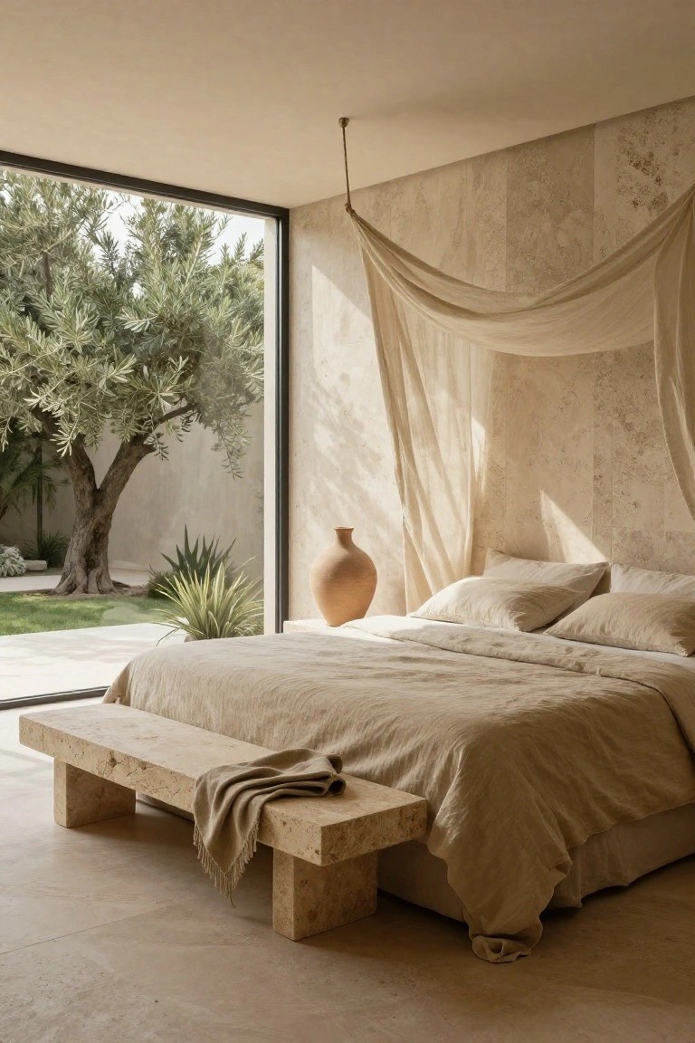 A minimalist bedroom with light beige travertine walls, a low bed draped in beige linens under a sheer hanging canopy, a travertine bench at the foot of the bed, large floor-to-ceiling windows showing an outdoor olive tree and garden, and terracotta pottery on the floor.