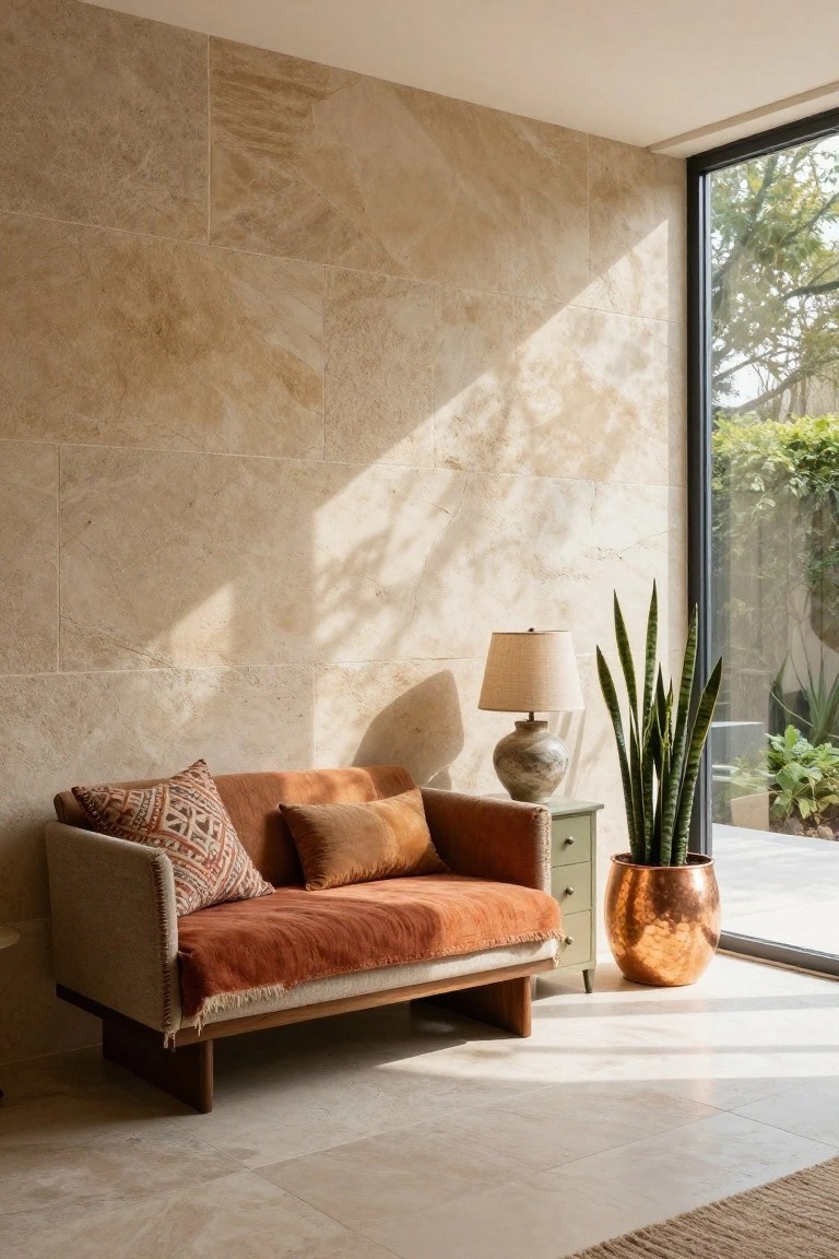 Low orange fabric sofa with patterned pillows and throw on a wooden frame sits against light beige textured stone walls in a room with matching stone floor, a table lamp on a side table, potted snake plant and copper pot plant, and large glass doors to a garden.