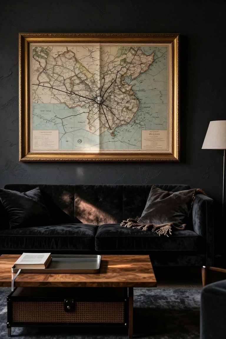 Dark-walled living room with black velvet L-shaped sofa, pillows, and throw blanket; burlwood coffee table with open book and metal tray; large framed vintage map on wall; white lamp on floor.