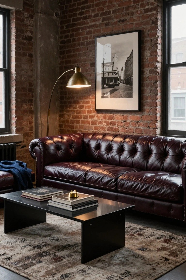 Brick-walled room featuring a deep burgundy tufted leather Chesterfield sofa, black rectangular coffee table with stacked books and brass bell, navy throw blanket on armchair, arched floor lamp, and black-framed street photograph on wall.