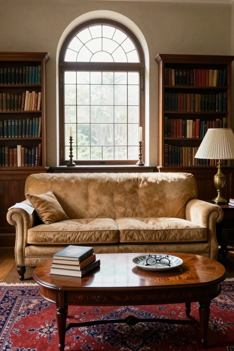 Wood-paneled library room with tan tufted sofa, tall bookshelves on both sides, arched window overlooking greenery, brass candlesticks and lamp, oval wooden coffee table holding books and a plate with glasses design, on a red Persian rug.