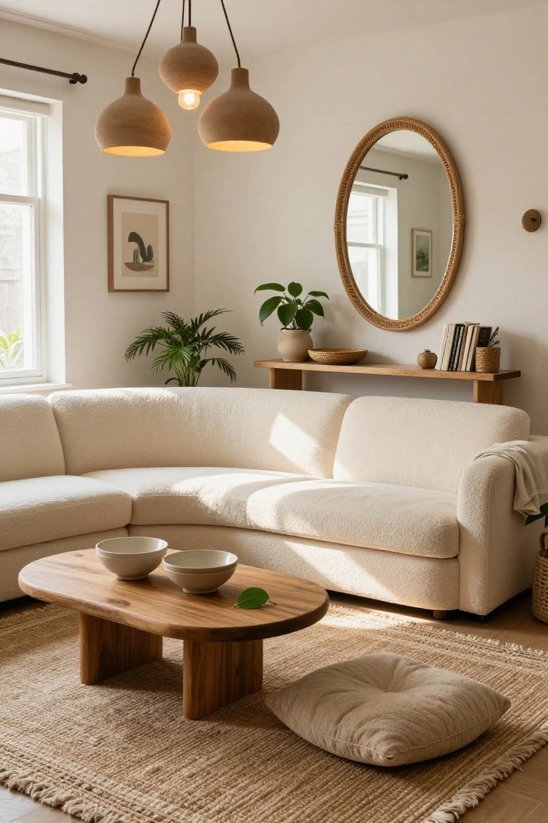 A living room corner with a large curved cream bouclé sectional sofa, oval wooden coffee table with ceramic bowls, potted palm plant, rattan pendant lights, and beige rug on light wood floors.