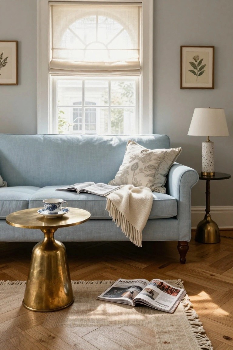 Light blue rolled-arm sofa with white throw blanket and pillows in a living room featuring a brass pedestal coffee table with teacup and saucer, side table with lamp, botanical art on walls, and open magazines on a beige rug over herringbone wood floors.