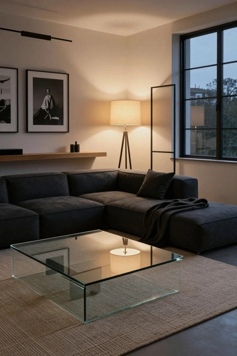Modern living room with dark gray L-shaped modular sofa, low glass coffee table, tripod floor lamp with fabric shade, wooden wall shelf, black-framed artwork, and large black-framed windows at dusk.