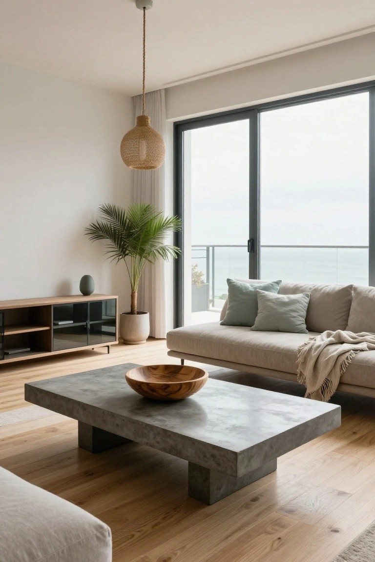 Minimalist living room with low-profile beige sofa, concrete coffee table topped with wooden bowl, potted palm plant, wooden media console, and floor-to-ceiling sliding doors overlooking ocean balcony.