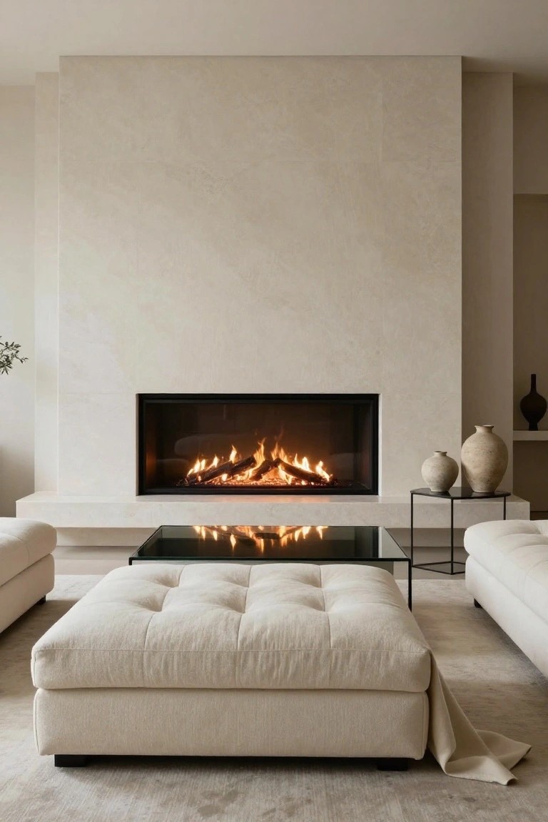 Modern living room with beige walls, a linear gas fireplace, low cream tufted sofas and ottoman, black metal glass coffee table, and terracotta vases on side tables.