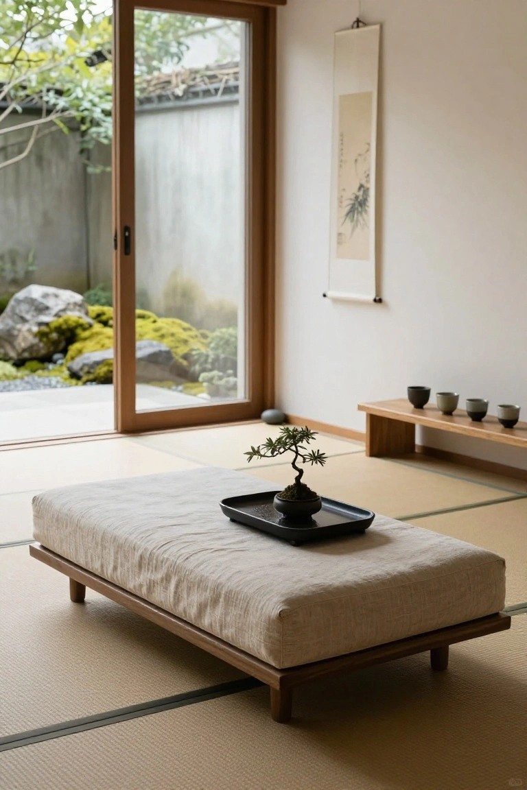 Minimalist interior room with beige linen-covered low wooden platform couch on tatami floor mats, black tray holding bonsai on couch, wooden shelf with teacups, sliding glass doors to mossy rock garden, hanging scroll on white wall.