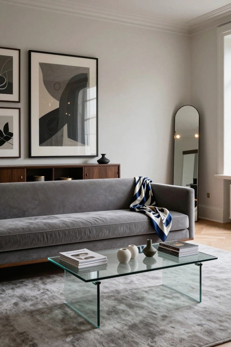 Modern living room with gray velvet sofa draped in striped throw, glass coffee table holding books and ceramic vases, abstract black and white artwork on walls, wood credenza, full-length mirror, light gray rug, and parquet flooring.