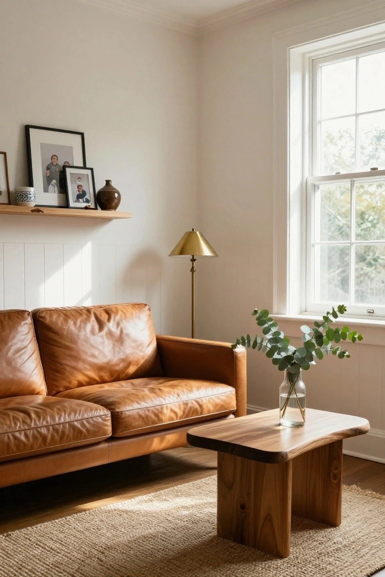 Tan leather L-shaped sofa in a white paneled living room with floating wooden shelves holding frames, vase, and ceramics above, brass floor lamp nearby, live-edge wooden coffee table with glass vase of eucalyptus, seagrass rug, hardwood floor, and large window with natural light.