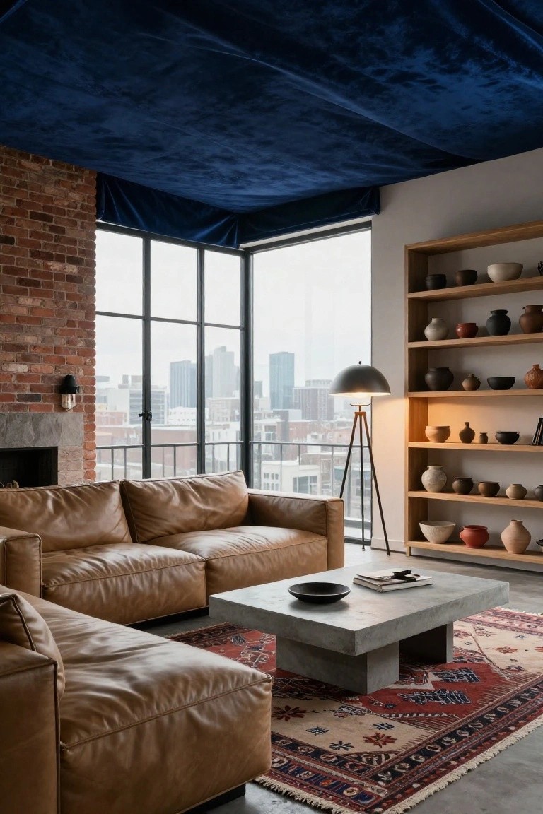 Living room featuring tan leather sectionals, concrete coffee table on a patterned rug, exposed brick wall with fireplace, wooden shelves holding pottery, tripod lamp, and deep blue velvet draped across the ceiling and over industrial windows with city skyline view.