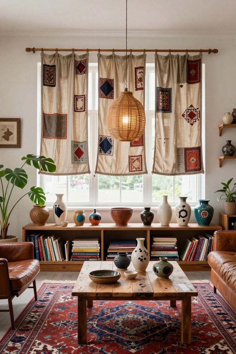 Living room featuring beige curtains with colorful patchwork panels hanging from a wooden rod over a window, with bookshelves, pottery, leather armchairs, a wooden coffee table, plants, and a red rug.