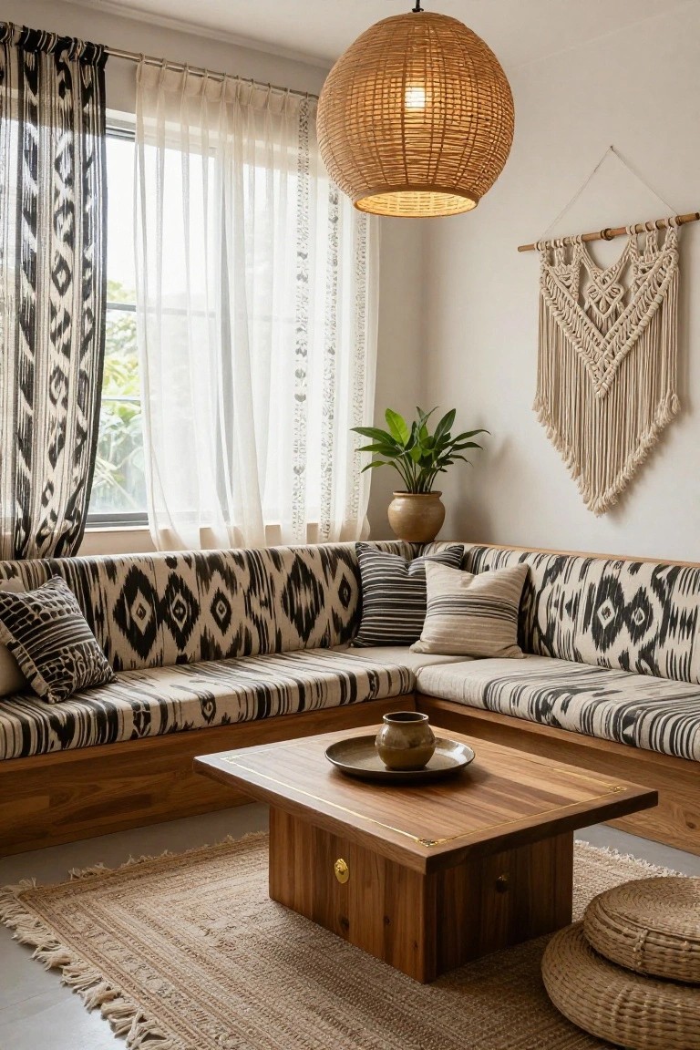Living room corner featuring an L-shaped sofa upholstered in black-and-white ikat fabric, wooden low table with pottery, rattan poufs, potted plant, macrame wall hanging, layered patterned drapes and sheer curtains on large windows, rattan pendant light, and jute rug.