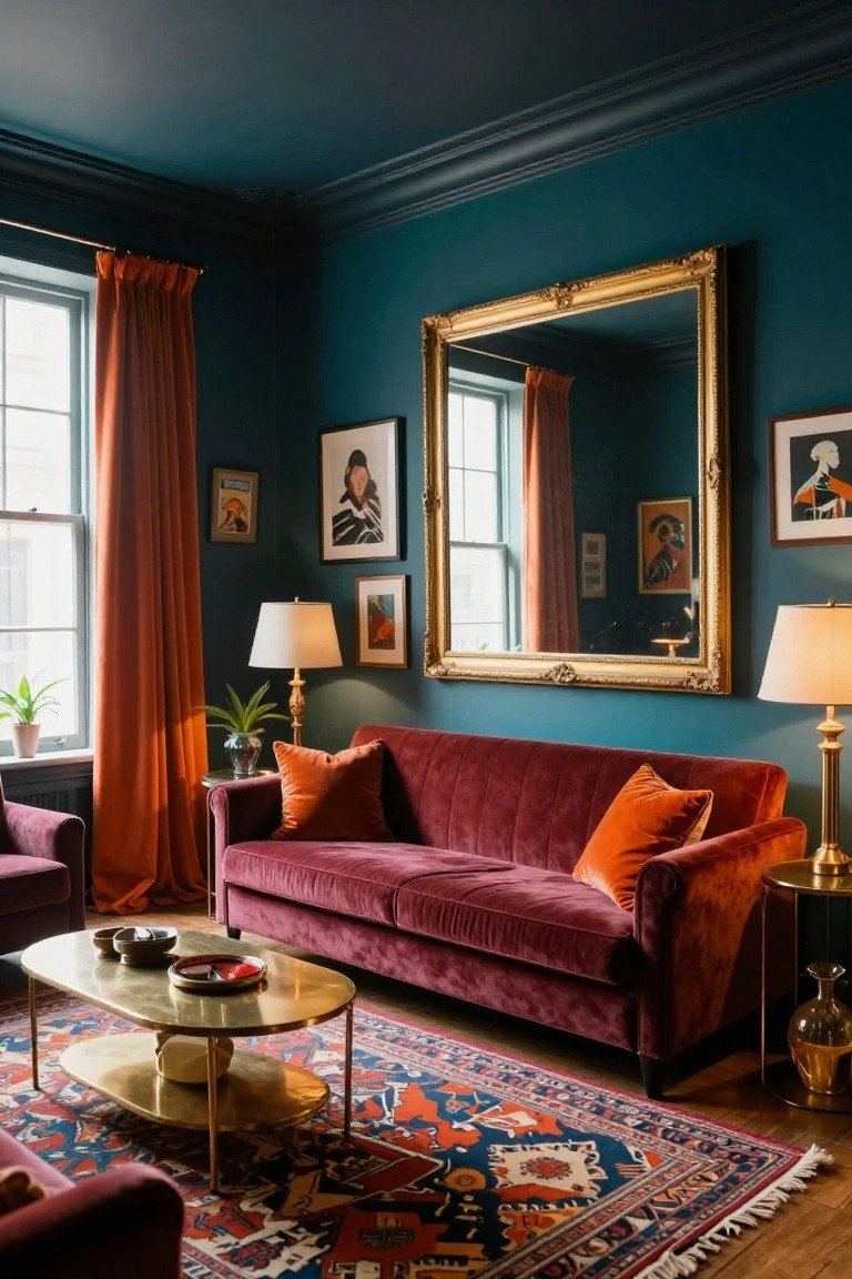 A living room with deep teal walls, large gold-framed mirror, burgundy velvet sofa and chairs, brass coffee table and lamps, patterned rug, plants, and full-length burnt orange curtains on a window.