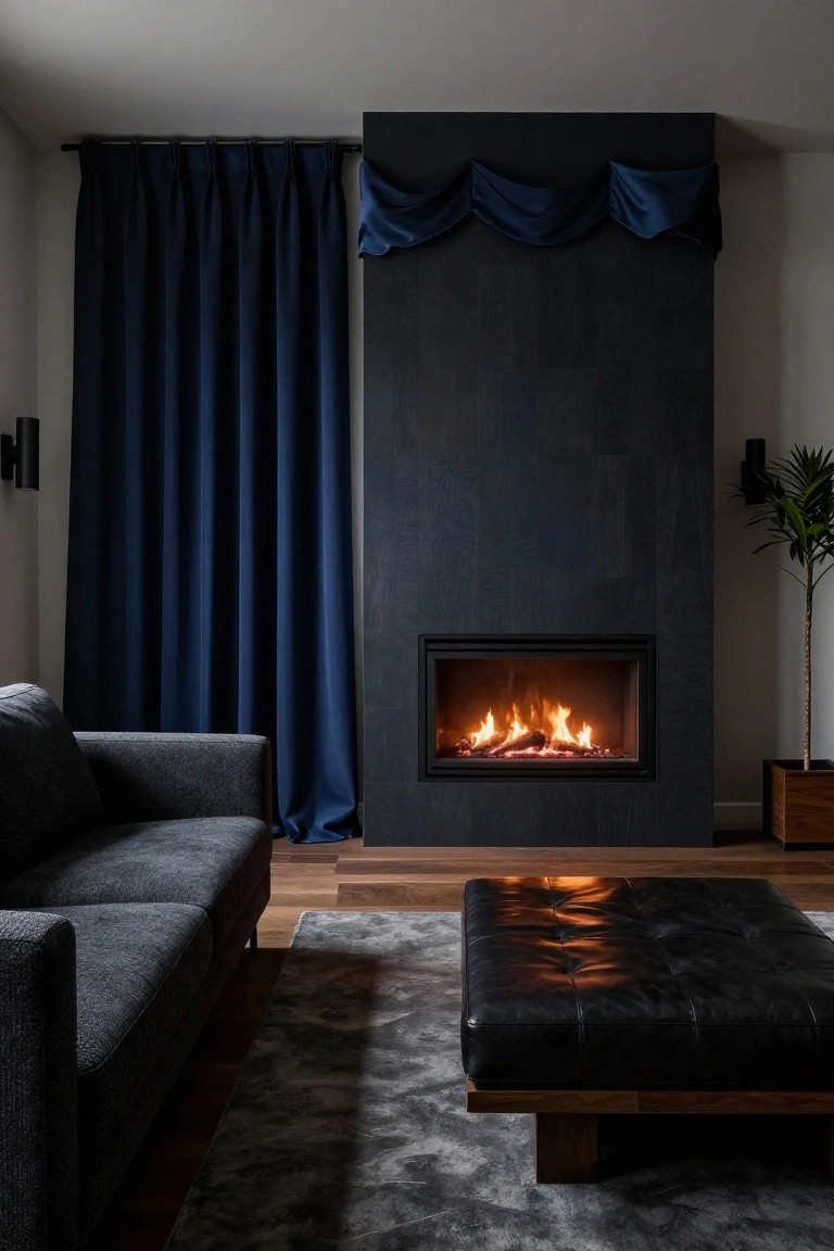 Deep Blue Drapes Next to a Dark Fireplace