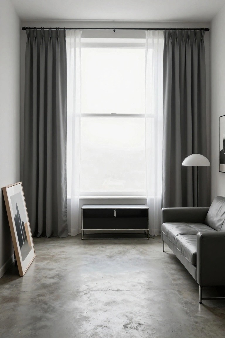 Minimalist living room with large double-hung window covered by gray pleated drapes and white sheer curtains, gray leather sofa, black sideboard on metal frame, white dome floor lamp, two framed artworks, and polished concrete floor.