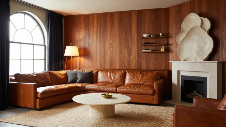 A luxury living room with tan leather L-shaped sofa, round white marble coffee table on pedestal bases, wood-paneled walls with floating shelves and cabinets, arched window covered by dark gray floor-length drapes, brass floor lamp, and marble fireplace.