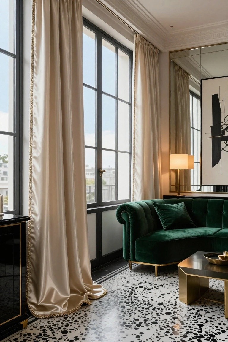 Luxury living room with tall cream drapes featuring gold fringe trim on black-framed windows, curved green velvet sofa, brass coffee table, and speckled black-and-white floor.