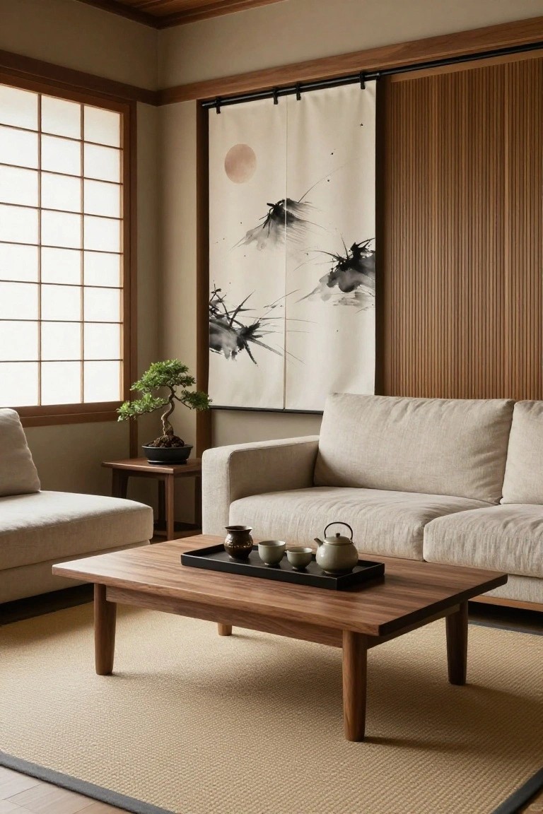 Japanese-style living room with cream fabric sofa, low wooden coffee table holding black tray with teacups and teapot, bonsai tree on side table, shoji screen windows, wooden slat wall behind hanging white fabric panel with black ink art of birds and moon, beige tatami rug on floor.