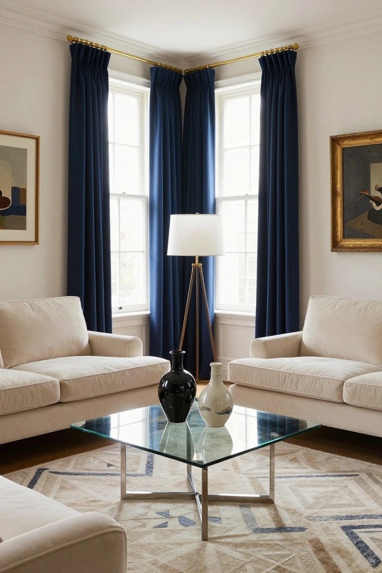 Corner of a living room with two cream sofas flanking a glass coffee table holding black and white vases, navy blue floor-length pleated drapes on brass rods over three bay windows, a brass tripod floor lamp, and gold-framed artwork on white walls.