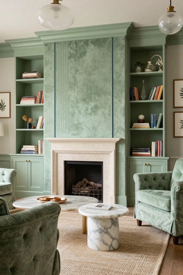 Living room featuring sage green built-in bookshelves and cabinets flanking a limestone fireplace, with green velvet tufted armchairs, marble coffee tables, and a jute rug.