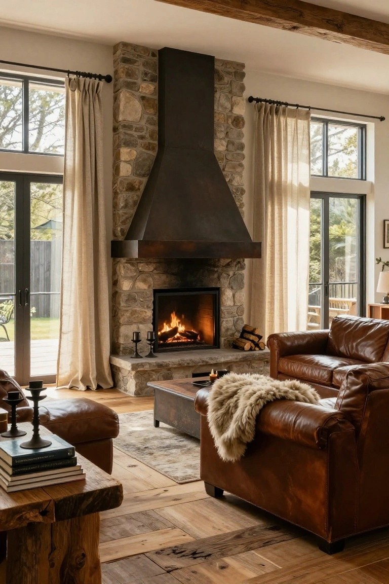 Living room interior with tall stone fireplace, burning fire, brown leather sofas, wooden furniture, and sheer beige linen drapes on large windows and sliding doors overlooking greenery and deck.