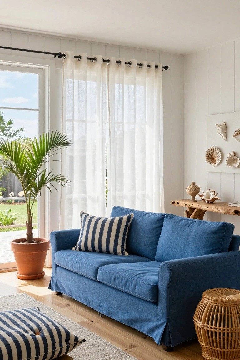A coastal living room with navy blue slipcovered sofa, white sheer curtains on large glass doors, potted palm plant, wooden console table with shells, and striped pillows on light wood floors.
