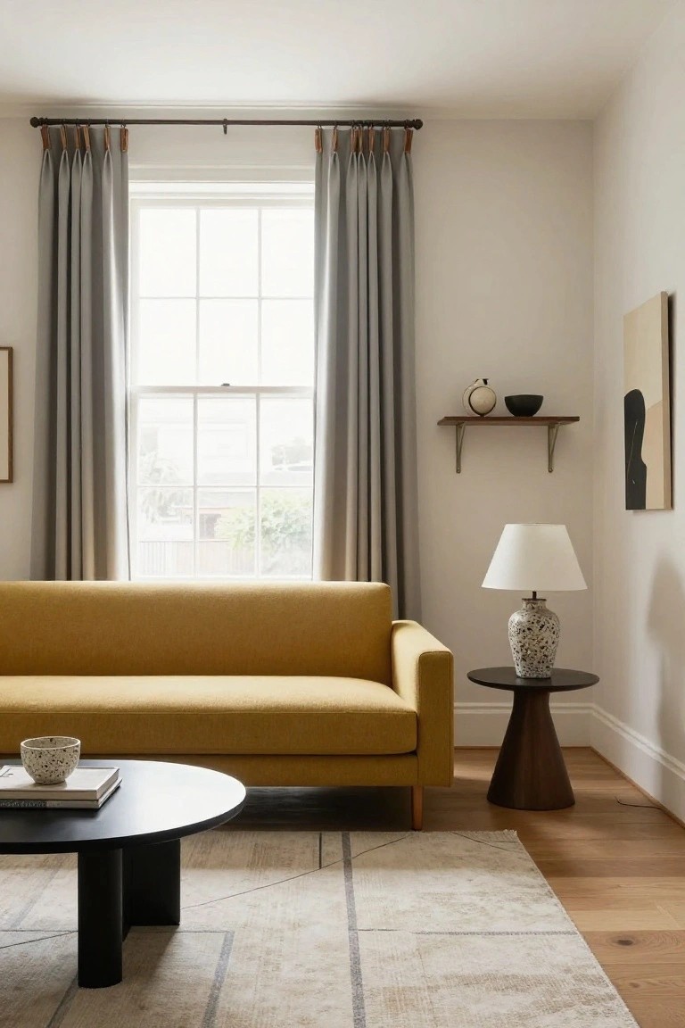 Living room interior with yellow sofa, black round coffee table, wood side table holding white lamp and ceramic vase, gray pleated drapes on window with leather tabs, floating shelf with pottery, abstract wall art, beige rug on oak floors.