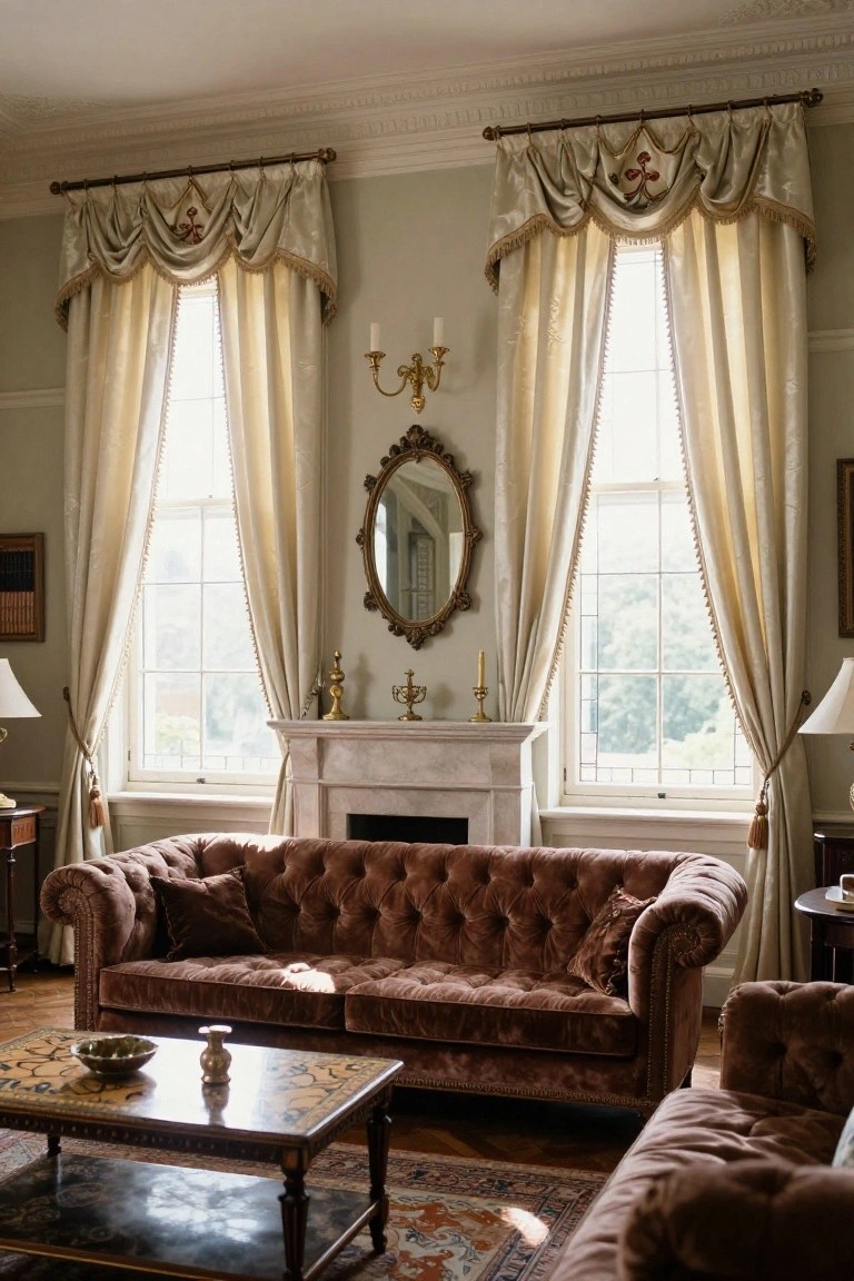A formal living room with pale green walls, tufted brown velvet sofas, marble fireplace, ornate gold mirror, brass candelabras, and tall windows draped in elaborate cream swag valances with embroidered trims, long sheer panels, and tasseled tiebacks.