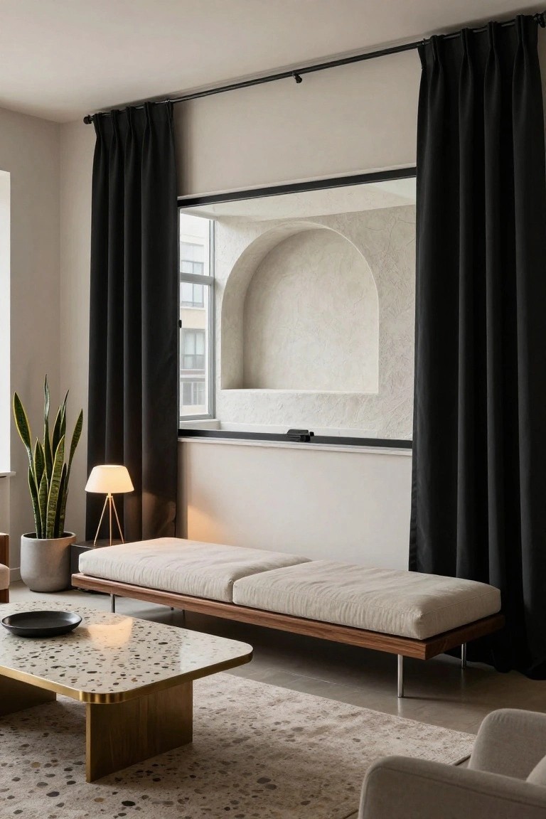 Modern living room with black floor-to-ceiling drapes flanking a light beige arched window niche, a low beige daybed on thin legs, terrazzo coffee table, snake plant in pot, and tripod lamp.