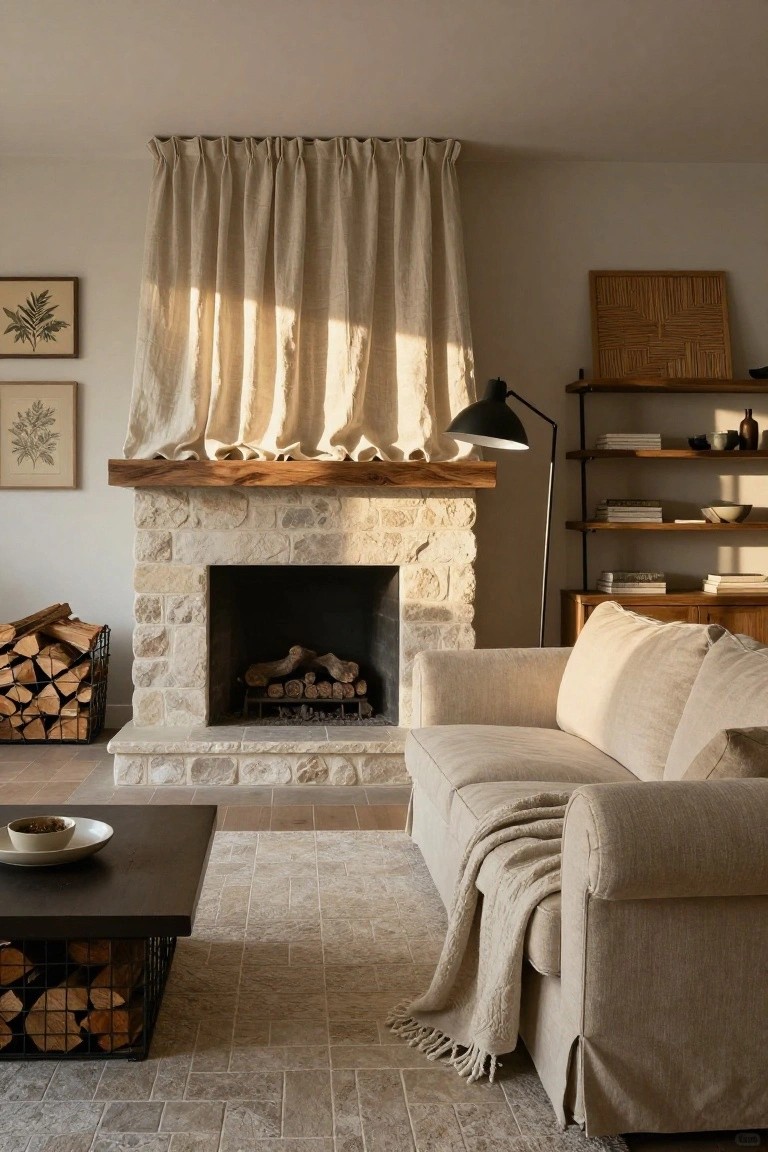 A living room with tall beige linen curtains draped over a wooden mantel atop a stone fireplace, a cream sofa with throw nearby, firewood baskets, and wooden shelves on white walls.