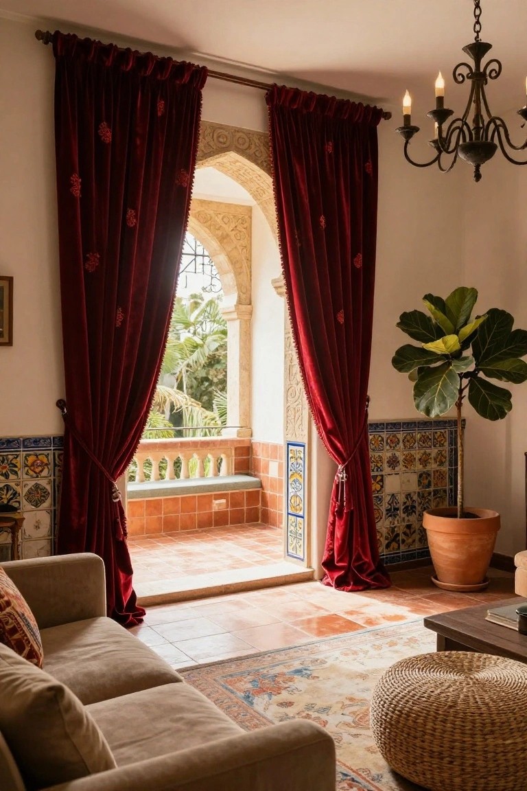 Living room with beige sofa, woven pouf, coffee table, potted fiddle leaf fig, and red embroidered velvet curtains flanking an arched doorway to a terracotta-tiled balcony overlooking palm trees.