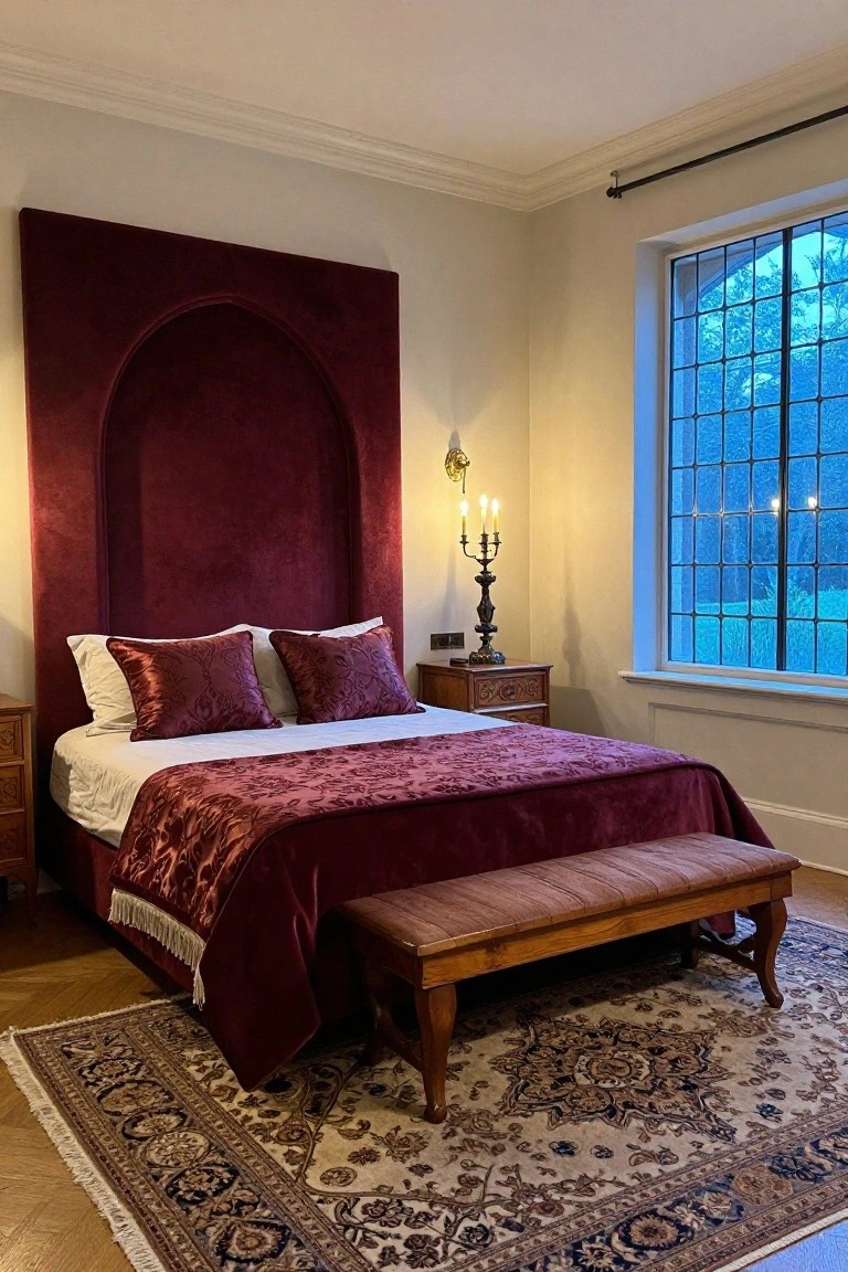 Bedroom interior with tall arched burgundy velvet upholstered headboard behind a bed dressed in white sheets and burgundy velvet bedding and pillows, wooden bench at bed foot, antique brass candelabra on wooden side table, leaded glass window, and patterned rug on wood floor.