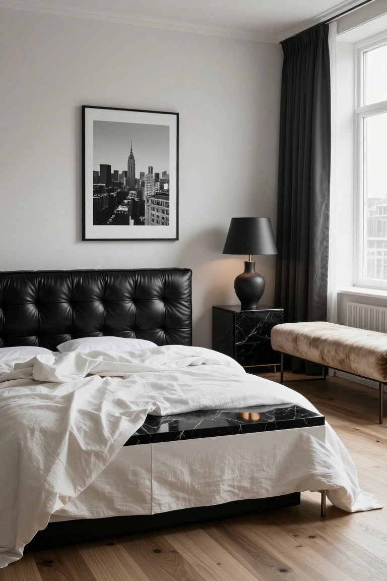 Modern bedroom with black tufted leather headboard on marble platform bed draped in white linens, black lamp on marble nightstand, black and white skyline photo on wall, and beige bench nearby.