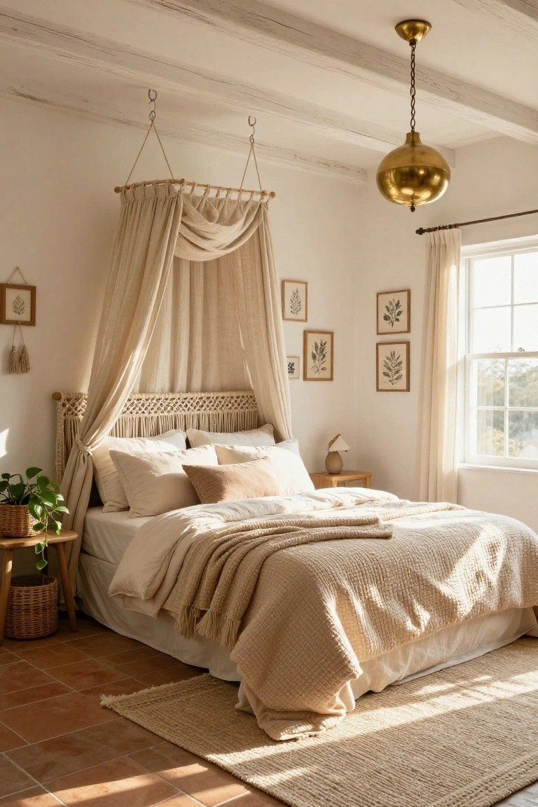 A sunlit bedroom with white walls, wooden beam ceiling, king bed under beige draped canopy on wooden frame, macrame headboard, neutral pillows and throws, potted plants on side tables, botanical prints on walls, and seagrass rug on terracotta tiles.