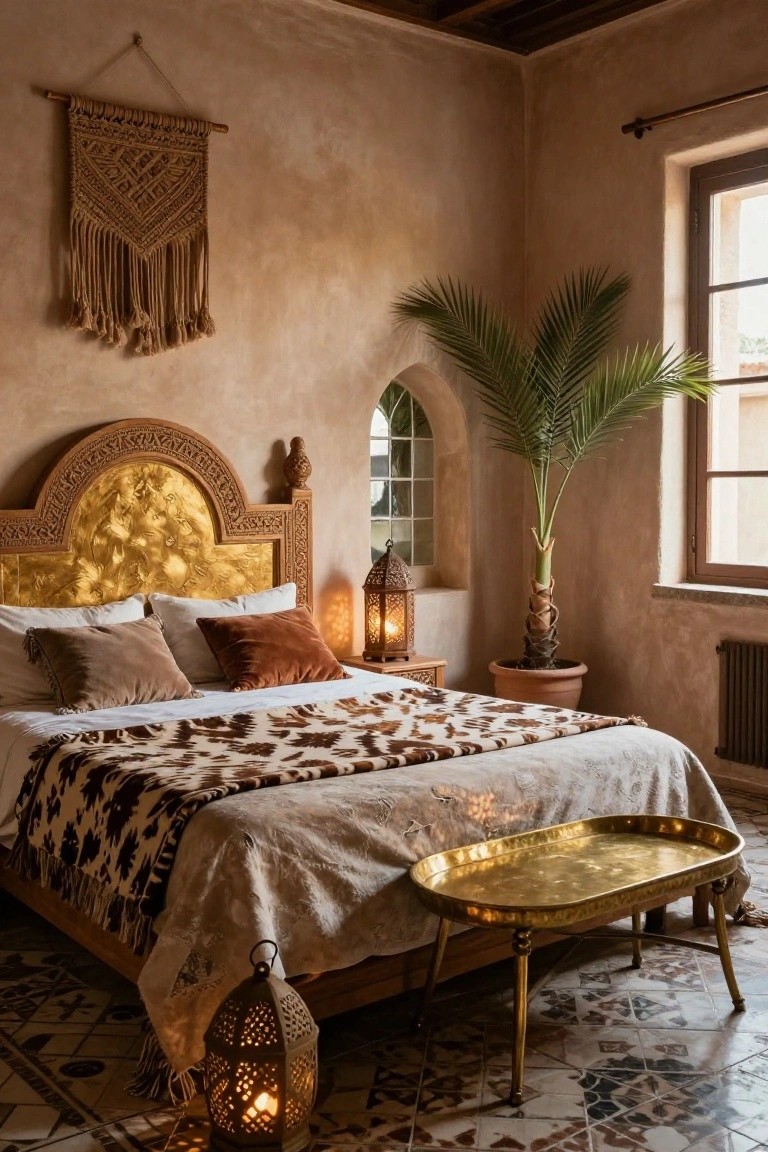 A bedroom with an ornate wooden headboard featuring intricate carvings and a large gold leaf arched panel, white and velvet pillows on the bed, patterned throw blanket, potted palm plant, brass tray table, lanterns, and terracotta tile floor.