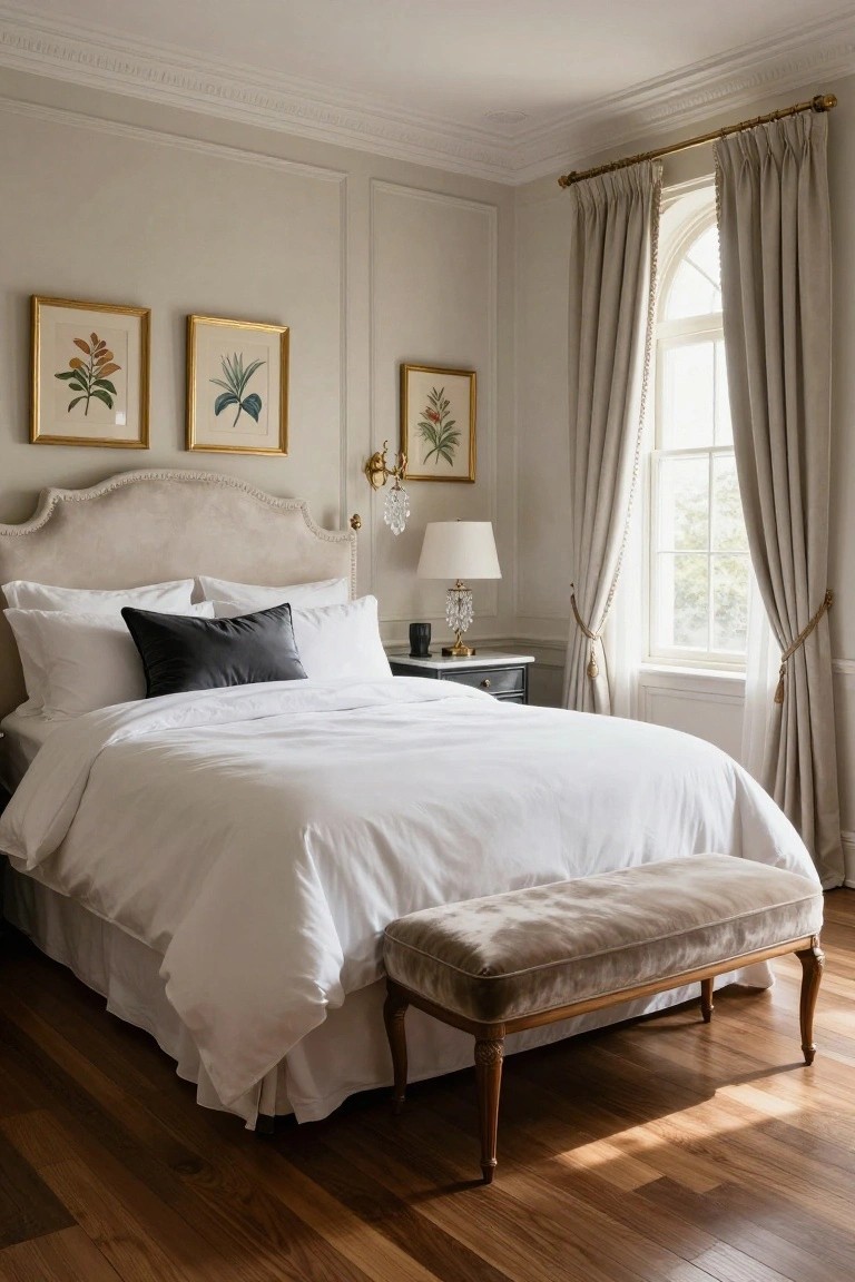 Beige curved upholstered headboard behind a white king bed in a light gray paneled bedroom with gold-framed botanical prints on walls, a lamp on a bedside table, cream curtains on an arched window, and a matching bench at the foot.