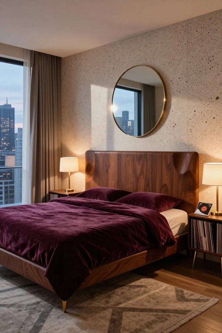 Modern bedroom interior with king bed featuring curved walnut wood headboard and frame covered in deep purple velvet bedding, wood nightstands with lamps and vinyl records, large round gold mirror on textured wall, and floor-to-ceiling window showing city skyline at dusk.