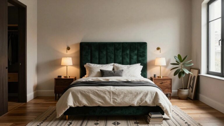 24 Stylish Luxury Bed and Headboard Ideas That Steal the Spotlight A bedroom with an emerald green velvet tufted headboard bed, white sheets and pillows with green accents, flanked by wooden nightstands with lamps, a potted plant in a ceramic pot, gold wall sconces, and a large window.