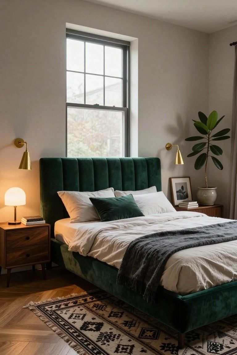 A bedroom with an emerald green velvet tufted headboard bed, white sheets and pillows with green accents, flanked by wooden nightstands with lamps, a potted plant in a ceramic pot, gold wall sconces, and a large window.