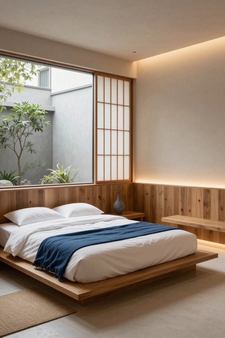 A minimalist bedroom with a low wooden platform bed covered in white sheets and a blue throw, set against cedar wood-paneled walls, featuring shoji screens and a window to a small courtyard garden.