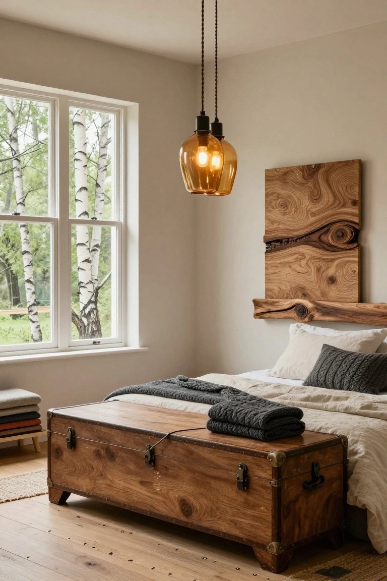 Bedroom corner featuring a bed with white linens and gray throw against a tall wooden headboard panel with swirling natural grain, protruding wood shelf, wooden trunk chest at the foot, stacked cushions on a bench, amber pendant light, and window view of birch trees.