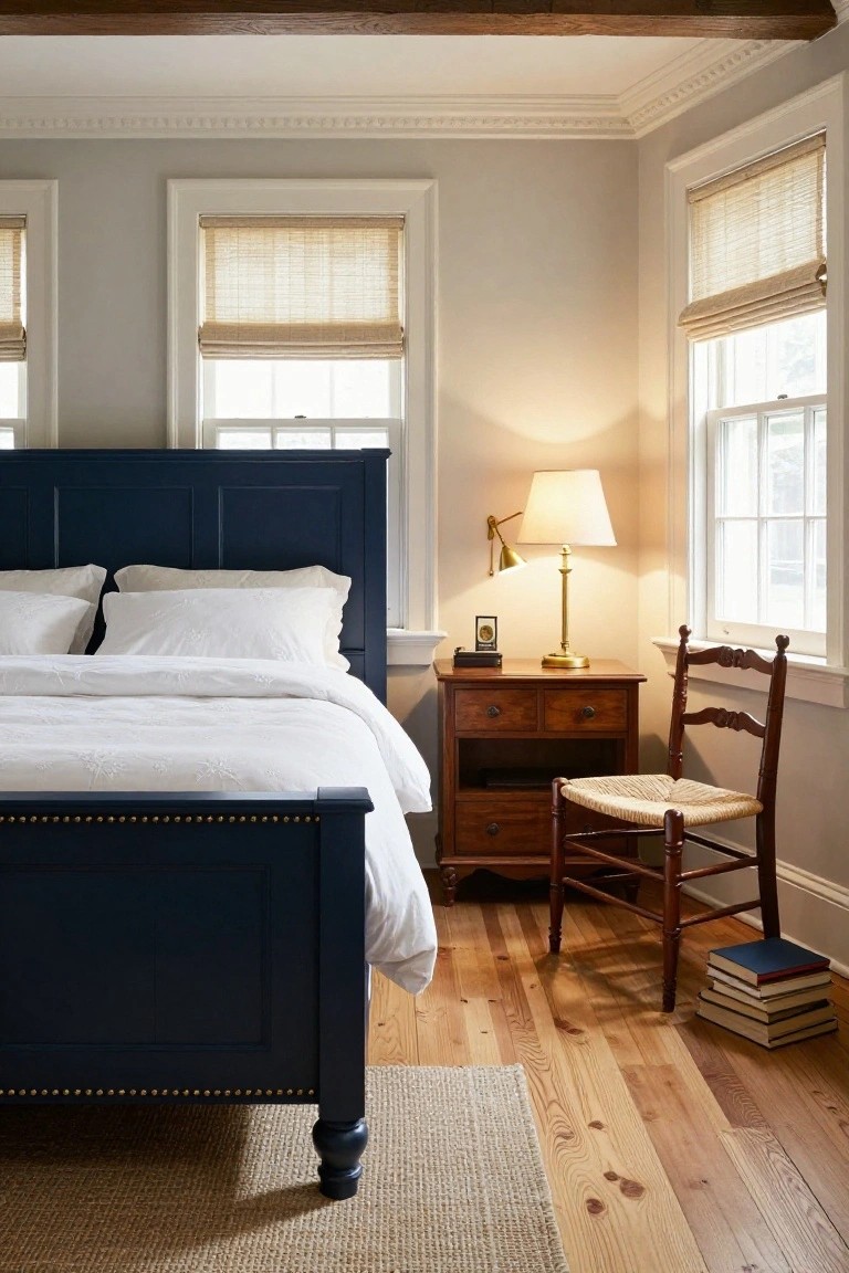 Bedroom corner with navy blue tufted headboard on bed with white bedding, wooden nightstand holding lamp and clock, rush-seat wooden chair, stack of books on floor, bamboo shades on two windows, light gray walls, beamed ceiling, hardwood floors, and jute rug.