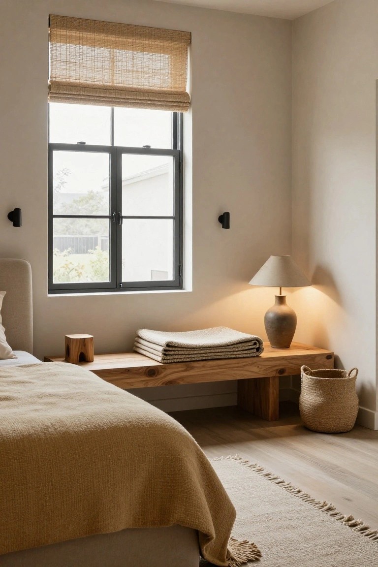 Corner view of a bedroom with a low-profile bed covered in beige and tan textiles, wooden bench at foot holding stacked cream blankets and wood stool, ceramic table lamp, seagrass basket, black-framed window with bamboo shade, and neutral walls.