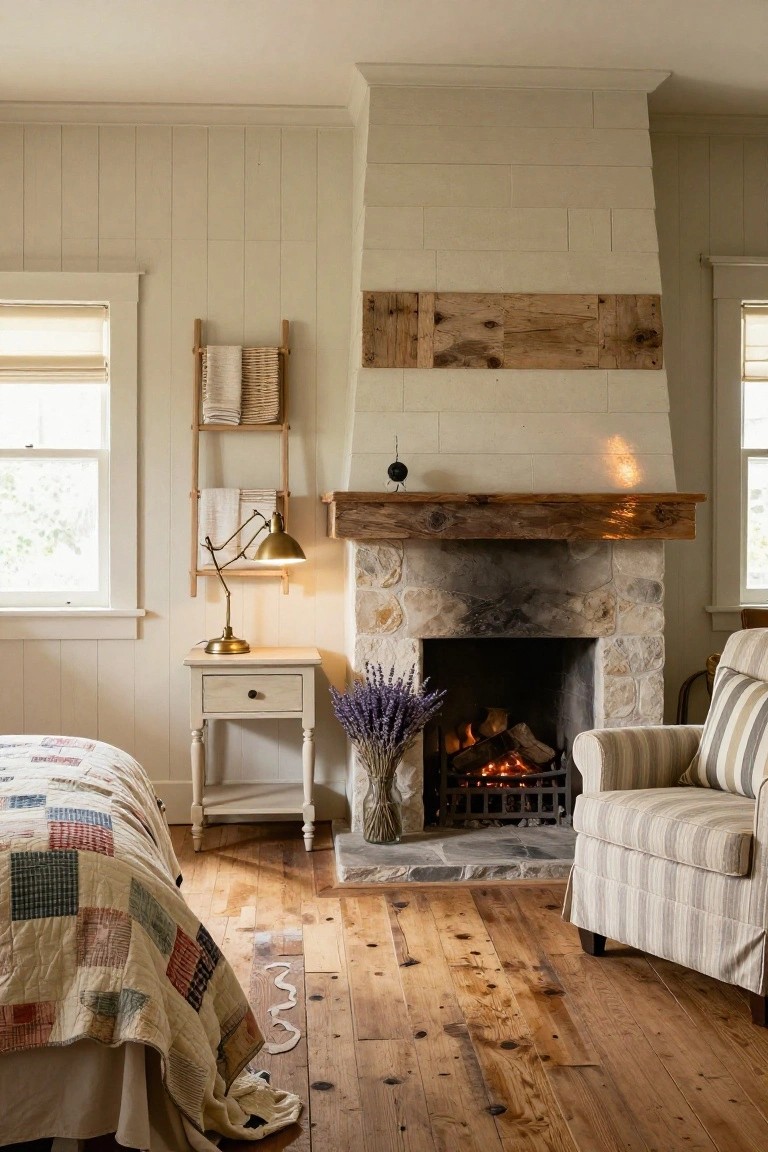 Bedroom interior with light vertical board walls, rustic stone fireplace with wooden mantel and burning logs, colorful quilted bed, small side table with lamp, ladder rack holding towels and basket, striped armchair, and wooden floors.