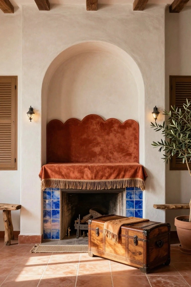 Arched white plaster wall niche containing a fireplace with blue tiled surround, red velvet upholstered bench with scalloped backrest and draped front, wooden trunk and olive tree on terracotta tiled floor.