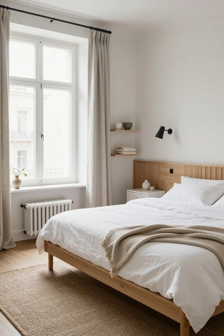A minimalist bedroom with a low wooden bed frame, slatted oak headboard integrated into the white wall, white linens, knit throw, large beige curtained windows overlooking a building, wall-mounted shelves with ceramics, and a bedside table.
