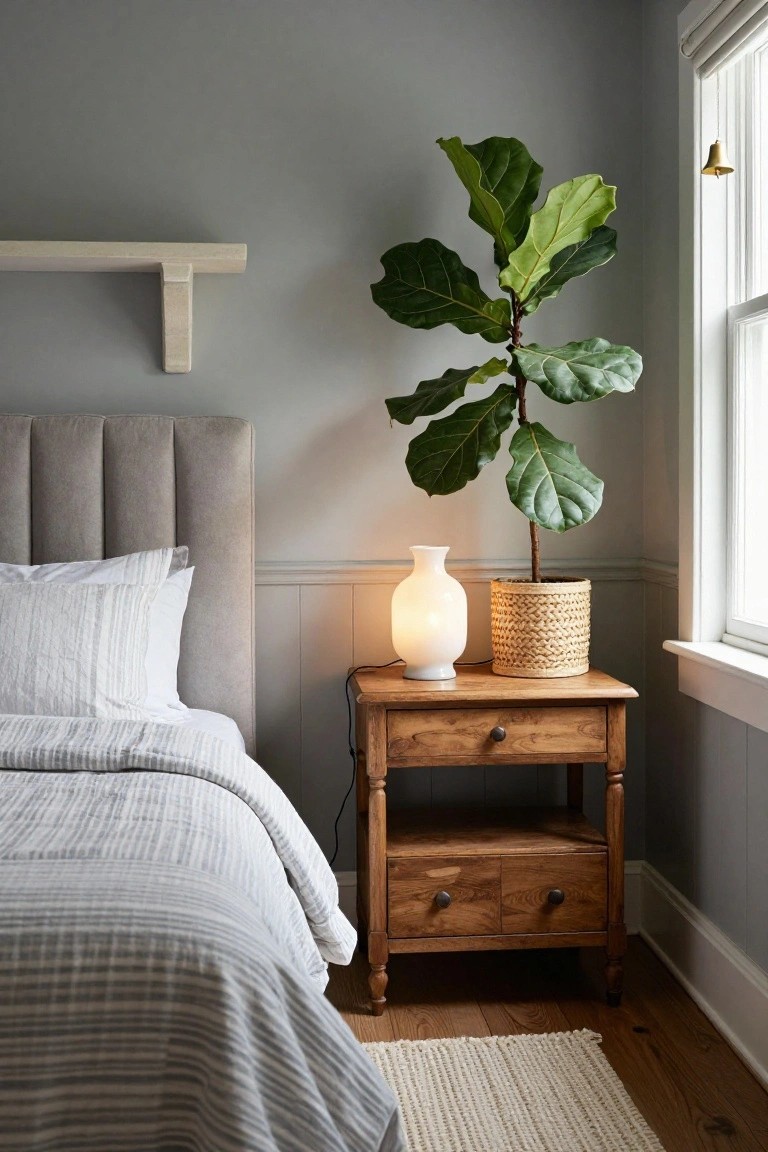 Bedroom corner featuring a tufted gray upholstered headboard on a bed with white striped linens, beside a wooden nightstand holding a white glass lamp and a potted fiddle leaf fig plant near a window.