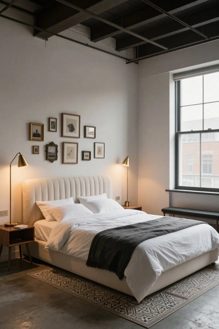 A loft bedroom with a white tufted upholstered headboard on a platform bed, flanked by brass arc lamps, a gallery wall of assorted framed artwork, large industrial windows, wooden nightstand, bench, and patterned rug on a concrete floor.