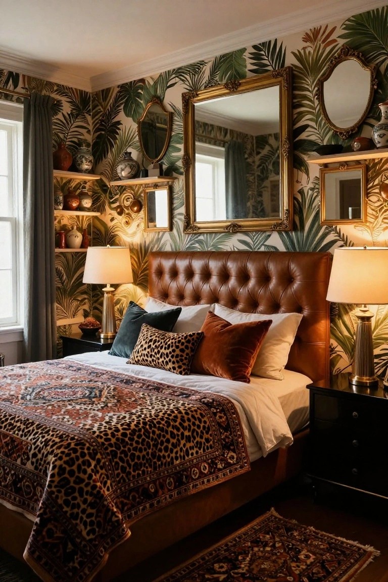 Bedroom with green palm leaf wallpaper on walls, multiple gold-framed mirrors, tufted tan leather upholstered headboard on bed with assorted pillows including leopard print, bedside tables with lamps, and Persian-style rugs.